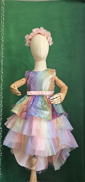 Дитяча шикарна кольорова рожева блискуча пишна сукня зі шлейфом 56789