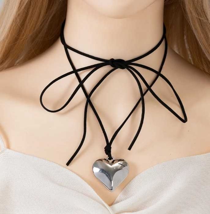 Шнурок чокер на шию із золотим/срібним сердечком (велике та маленьке)7