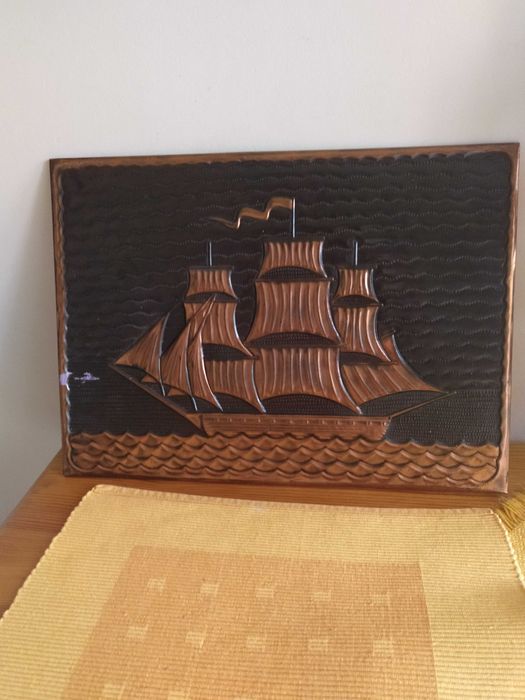 Żaglowiec, statek, obraz wypukły w miedzi, unikatowy 36x26