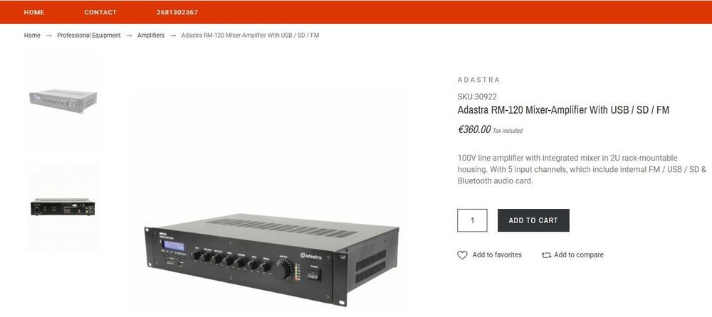 Adastra RM-120 Mixer-Amplificador com USB / SD / FM