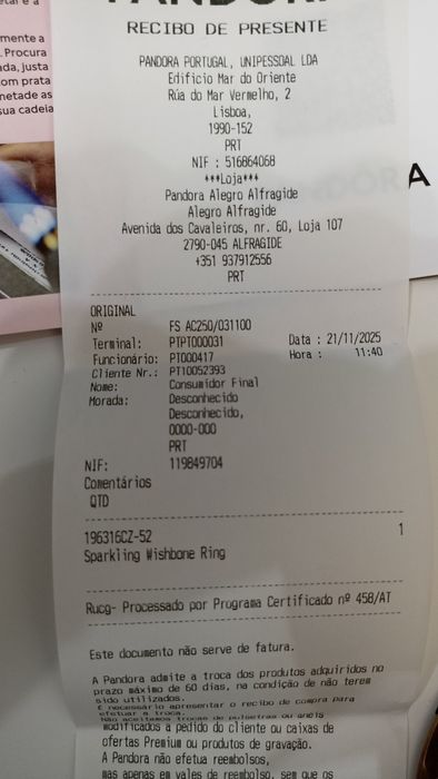 Anel Pandora Wishbone brilhante - NOVO