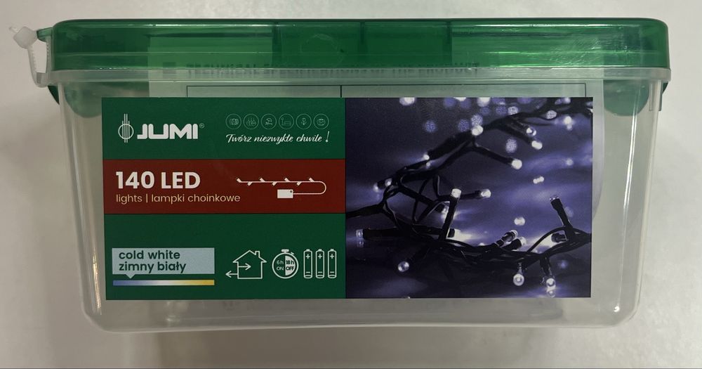 Lampki choinkowe JUMI 140 LED biały zimny baterie Timer 9 m