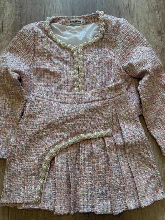 Komplet tweed sukienka kurtka spódnica koszula
