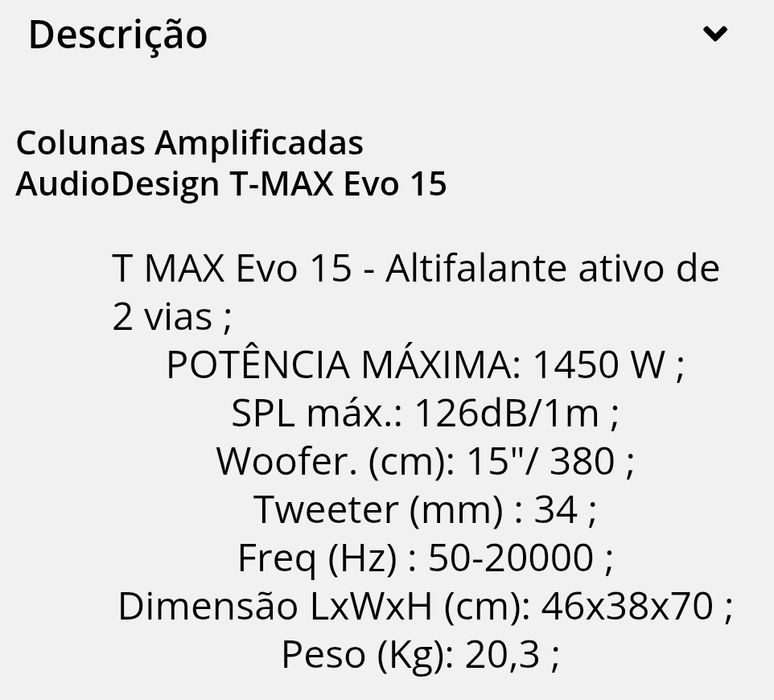 Colunas Amplificadas
AudioDesign T-MAX Evo 15
AudioDesign T-MAX Evo 15