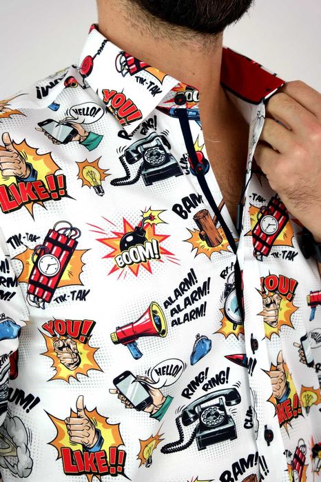 DANIEL BESSI Koszula Męska Fb042 Biała, KOMIKS Kolorowy, Wesoła