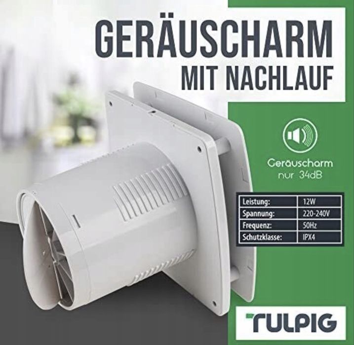 Wentylator łazienkowy Tulpig 100mm czujnik wilgotności timer ABS PET