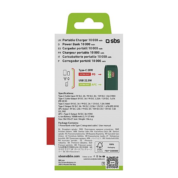Powerbank SBS 10000 mAh 20W z wbudowanym kablem USB-C i wyświetlaczem