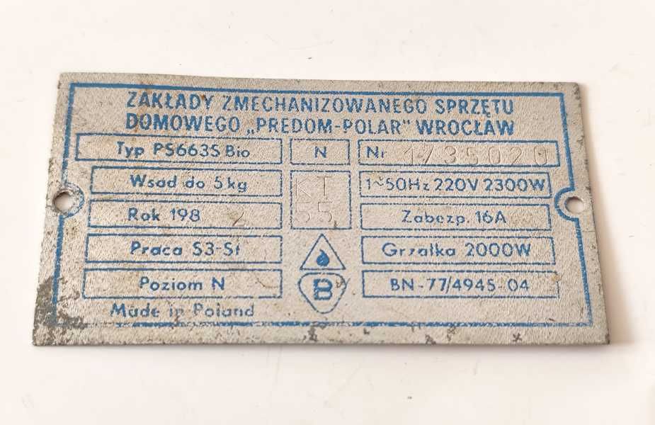 Tabliczka znamionowa kolekcjonerska PRL PREDOM Polar pralka PS663S Bio