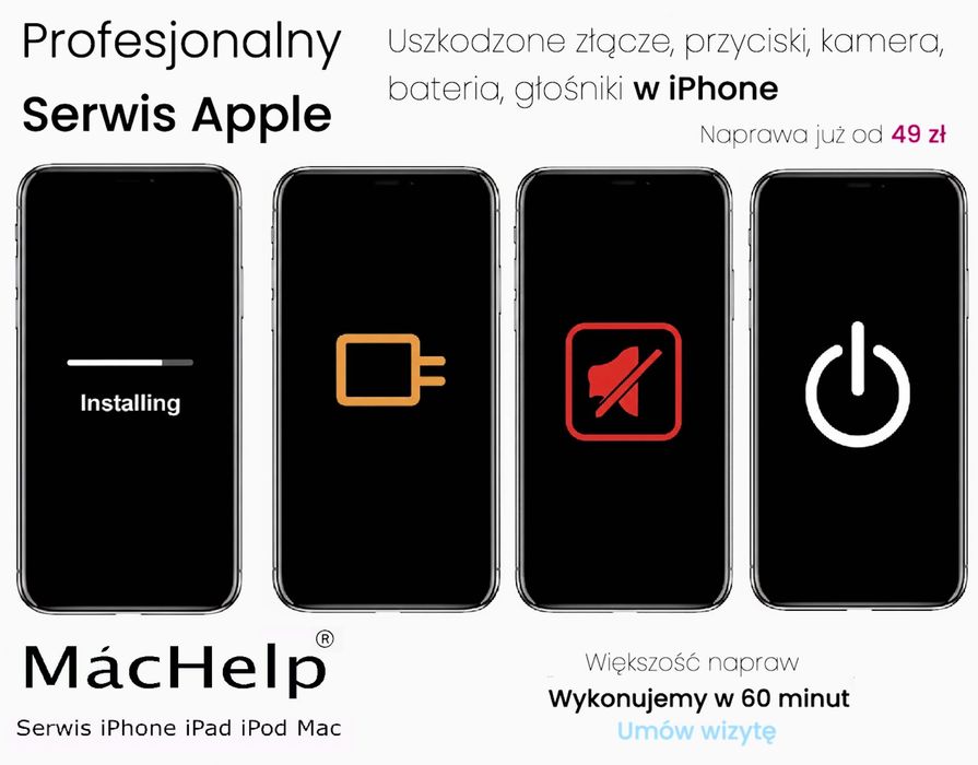 Serwis iPhone wymiana baterii power volume gniazd dock aparatugłośnika