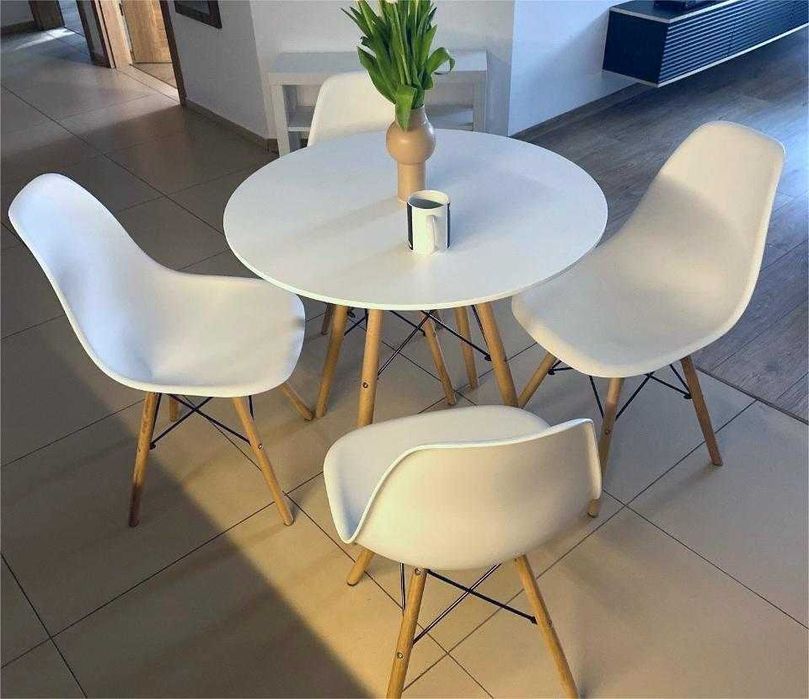 NOWY Stół z Krzesłami Okrągły Biały Do Jadalni Kuchni Salonu Drewniany