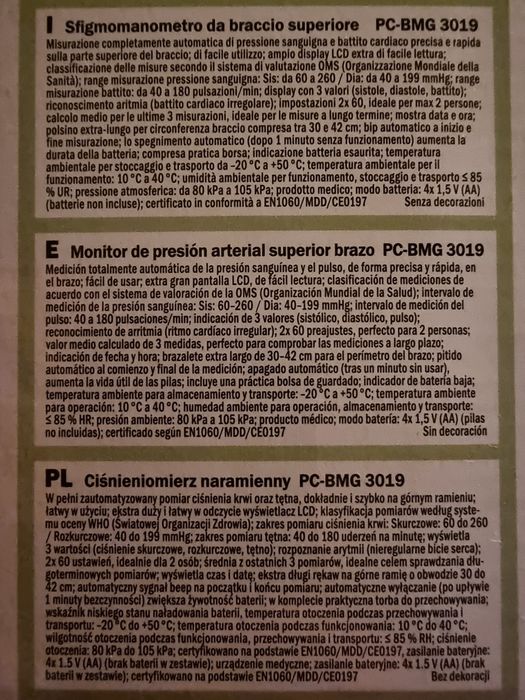 Medidor de Tensão Arterial PROFICARE BMG 3019