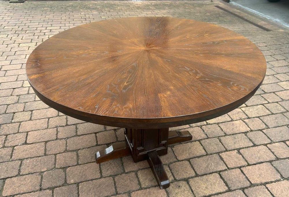 Drewniany stół okrągły na jednej nodze | Vintage lata 70 | 128 cm