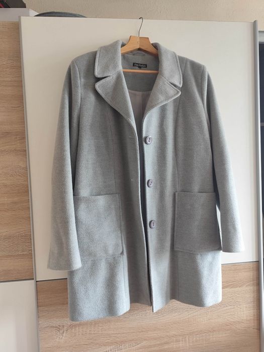 Butikowy płaszcz szary damski jesionka jesień grey coat narzuta