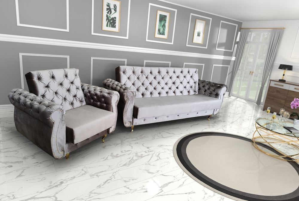 Zestaw wypoczynkowy SOFIA- kanapa Chesterfield rozkładana + fotel