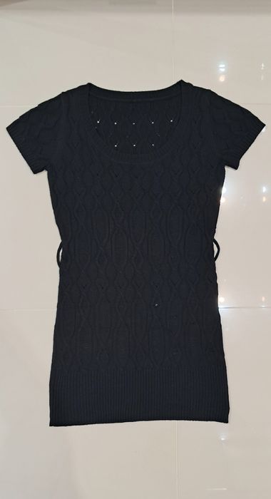 Elegancki długi sweter tunika plecionka ażurek