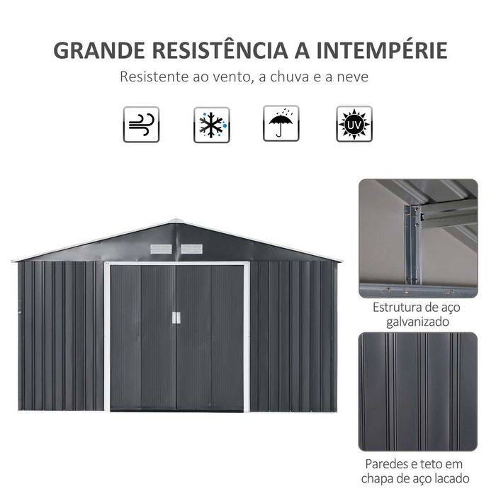 Abrigo de jardim grande 340x386x200 cm cinzento com ventilação