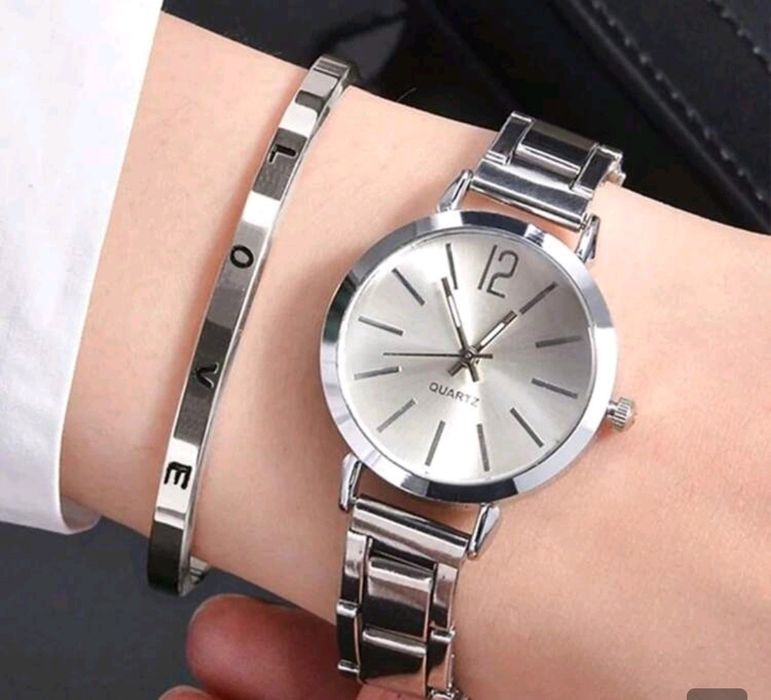 Conjunto relógio + pulseira aço inoxidável