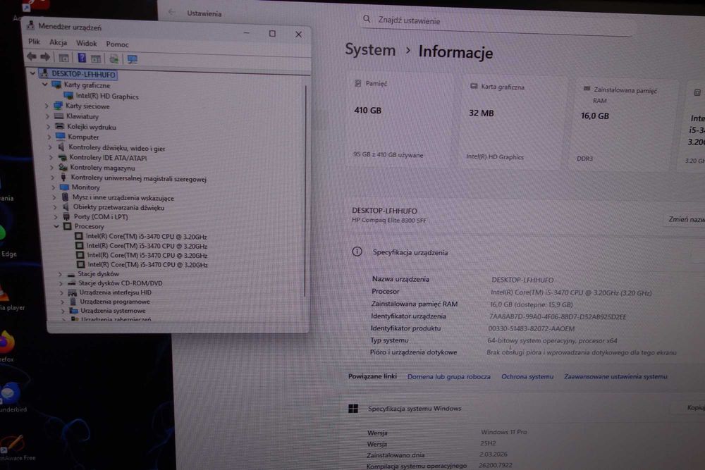 Komputer stacjonarny Hp 8300 i5 16GB 128 SSD 320 HDD Win11 Gwar FV