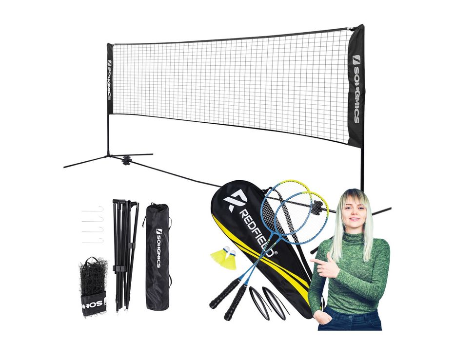 Kompletny zestaw badminton siatka 5m rakietki lotki uchwyty ogród