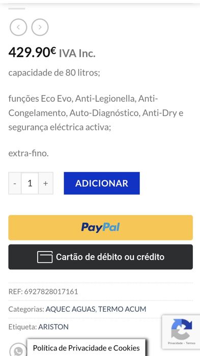 Termoacumulador ariston Velis pro Wi-Fi 80L como novo.