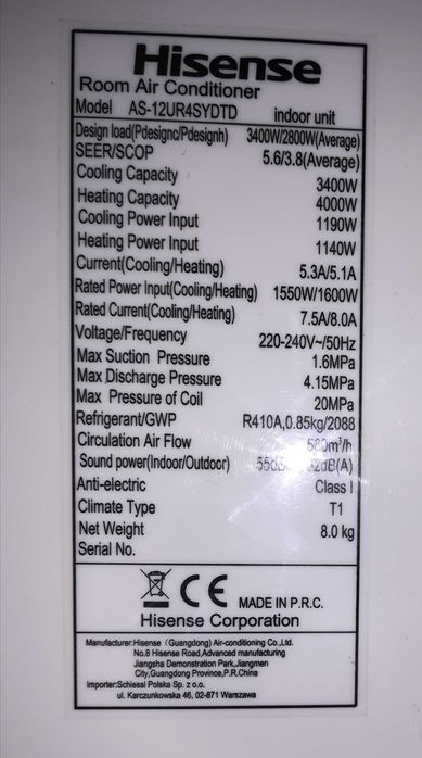 Klimatyzator ścienny 3,4 kW z pompą ciepła po przeglądzie - Inwerter