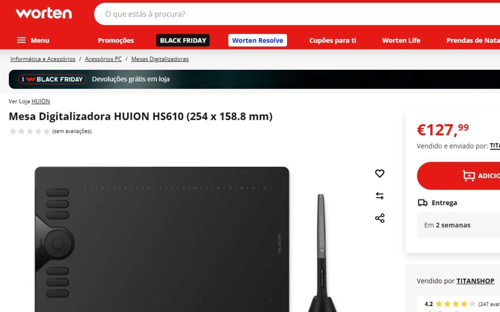 Mesa Digitalizadora / Tablet Gráfico HUION HS610 (254 x 158.8 mm) NOVO