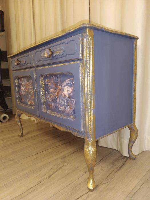 Komoda.Ludwikowska. Vintage. Granatowa z płatkami złota.Shabby.Glamour