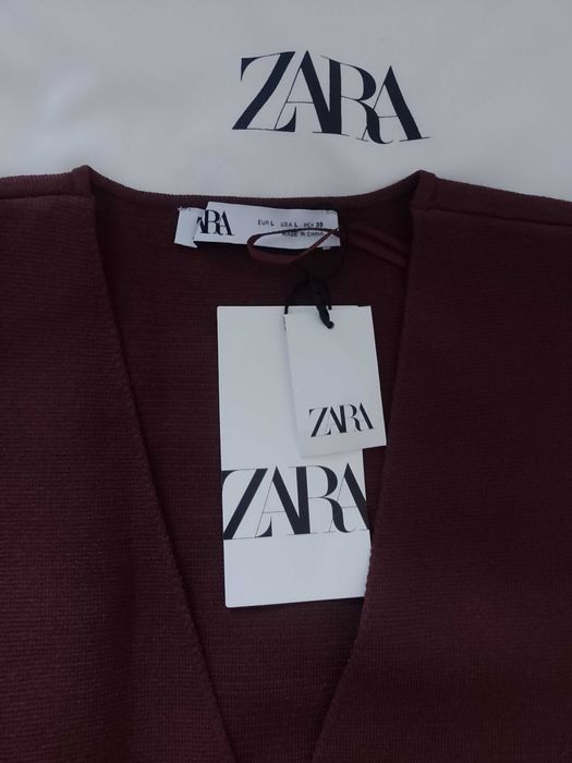 (40/L) ZARA/ Brązowa Dzianinowa Kamizelka z patką z Madrytu, NOWA