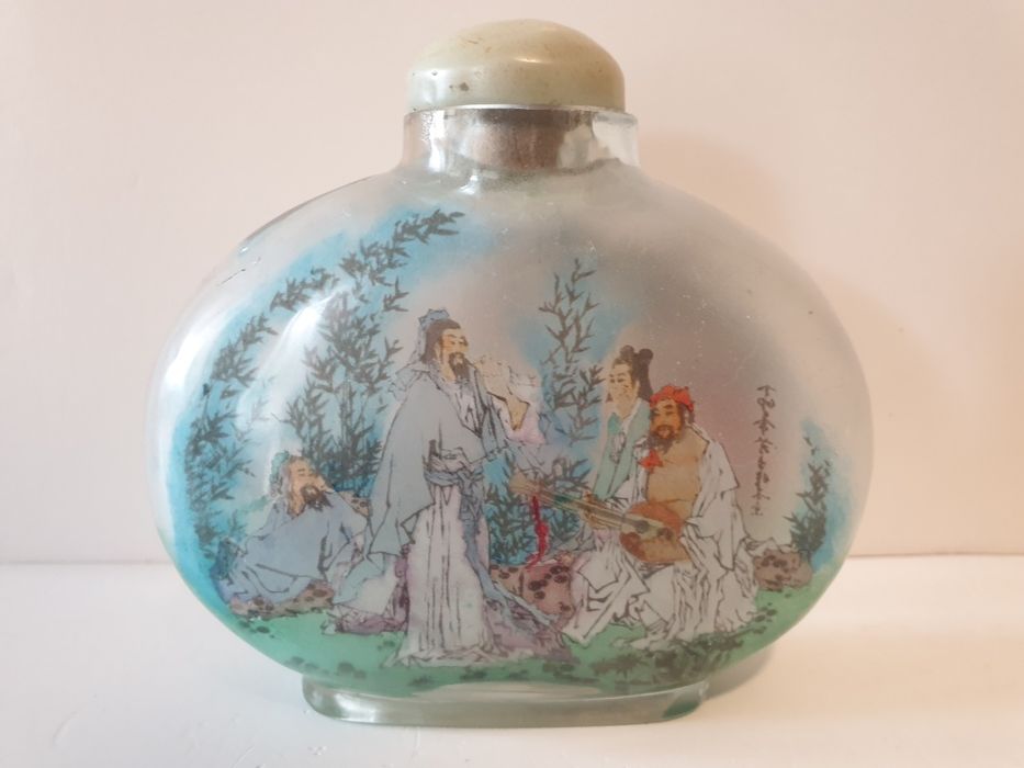 Snuff bottle-frasco de rapé asiático em vidro com pintura reversa
