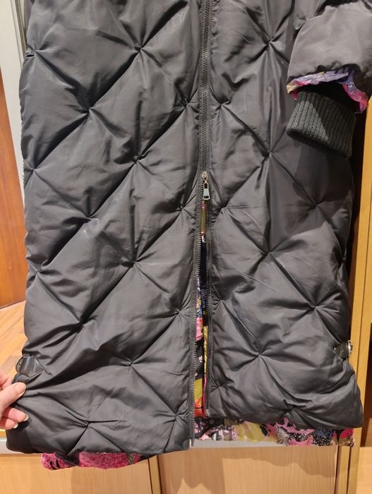 Длинный черный женский стеганый пуховик с объемным капюшоном M - L