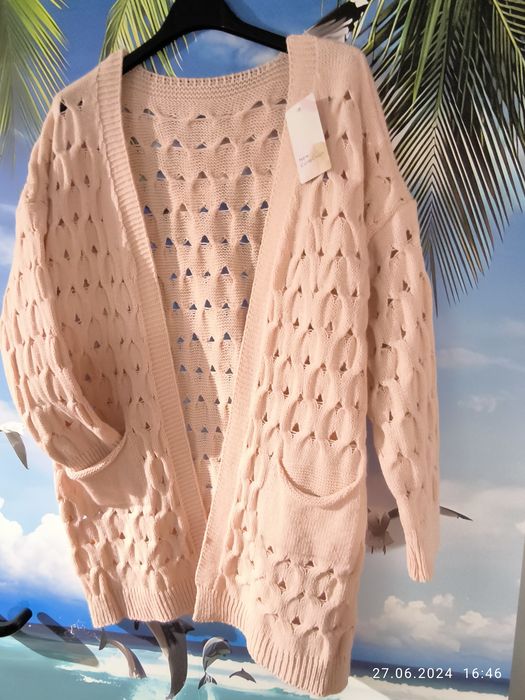 Kardigan ażurowy pudrowy róż teksturowany made in italy M/xxl