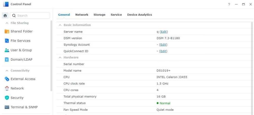 Synology DS1019+ 16GB RAM (Quad Core Intel CPU, Docker) - DSM 7.3