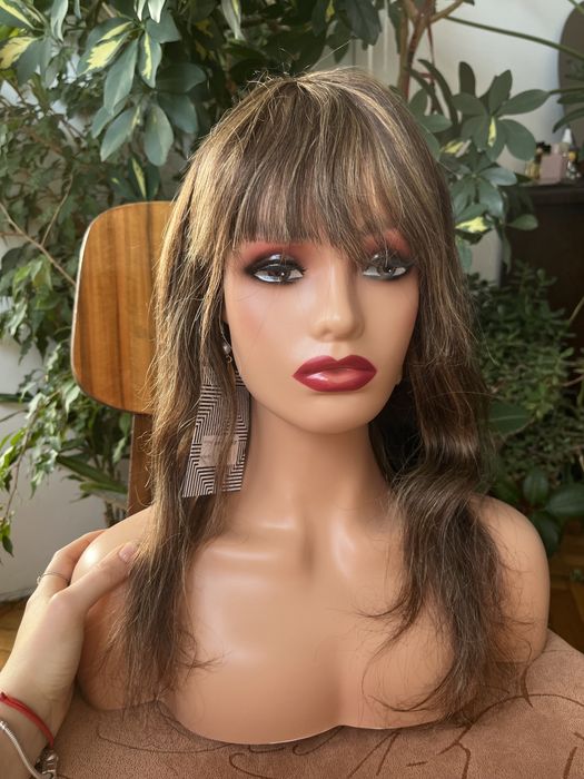 Peruka włosy naturalne z grzywka długa brązowa