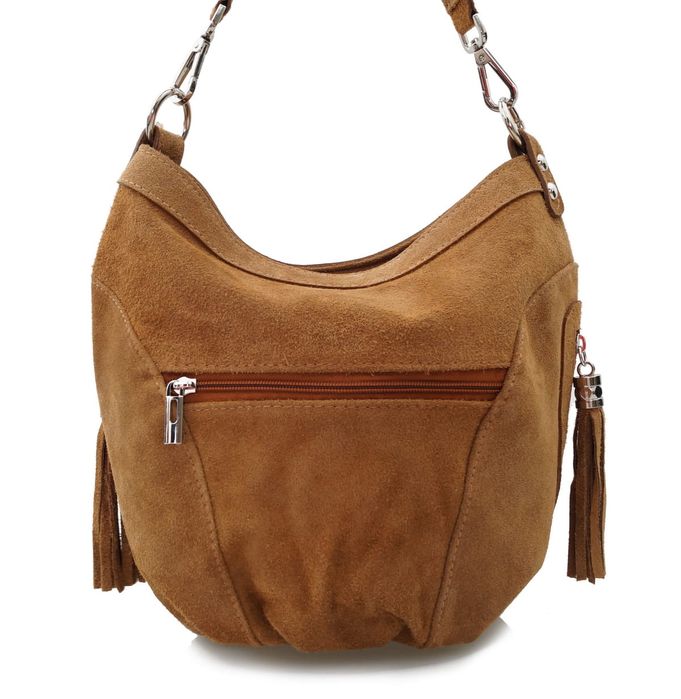 VERA PELLE torebka damska zamszowa worek z frędzelkami V322 camel