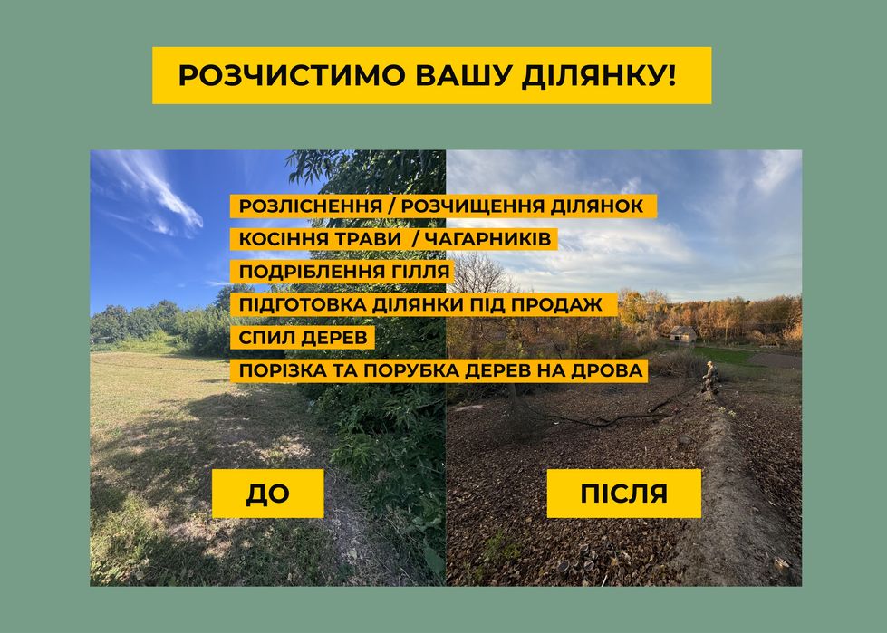 Розчистка та прибирання ділянок під ключ. Підготовка ділянки під продаж. Зрізання спил дерев, покос чагарників, вивіз сміття. Благоустрій ділянки