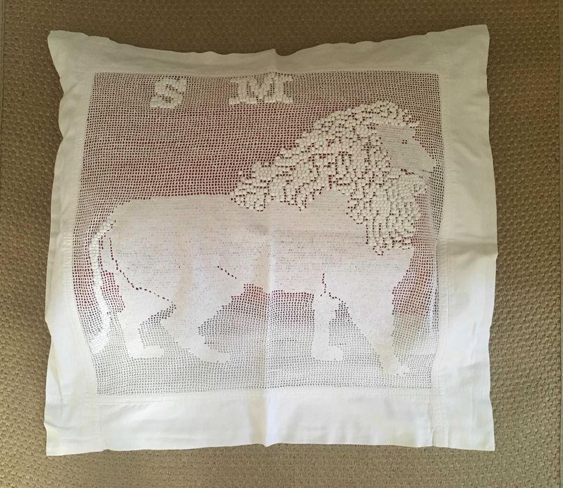 Capa de almofada em crochet aplicado com borboto