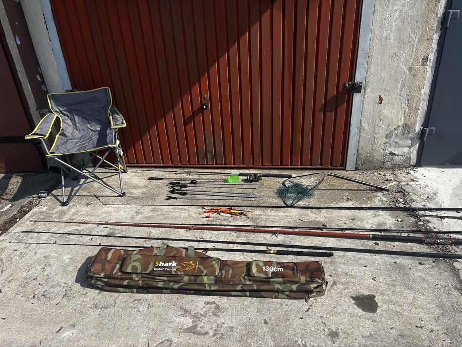 Duży zestaw wędkarski – 7 wędek, 4 kołowrotki, 2 krzesła + akcesoria