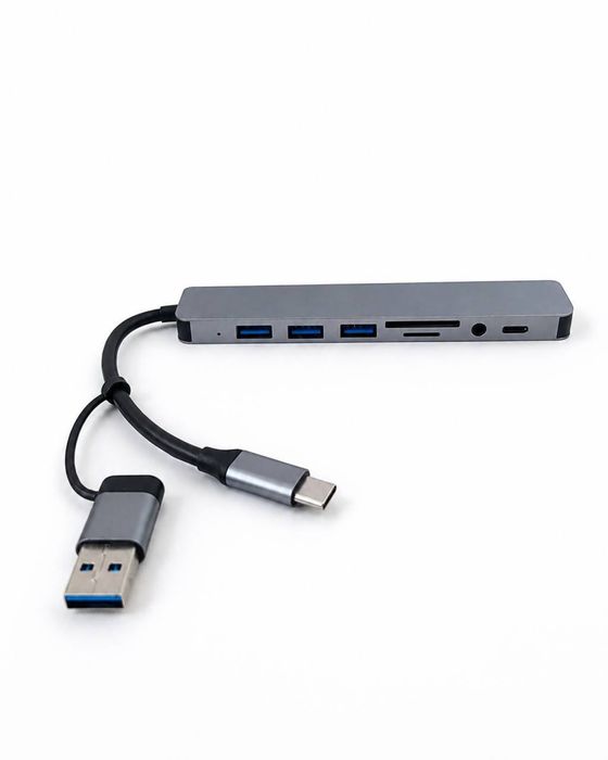 USB-C Hub 8-в-1 | 3×USB | SD | TF | AUX | USB-C | Алюмінієвий корпус