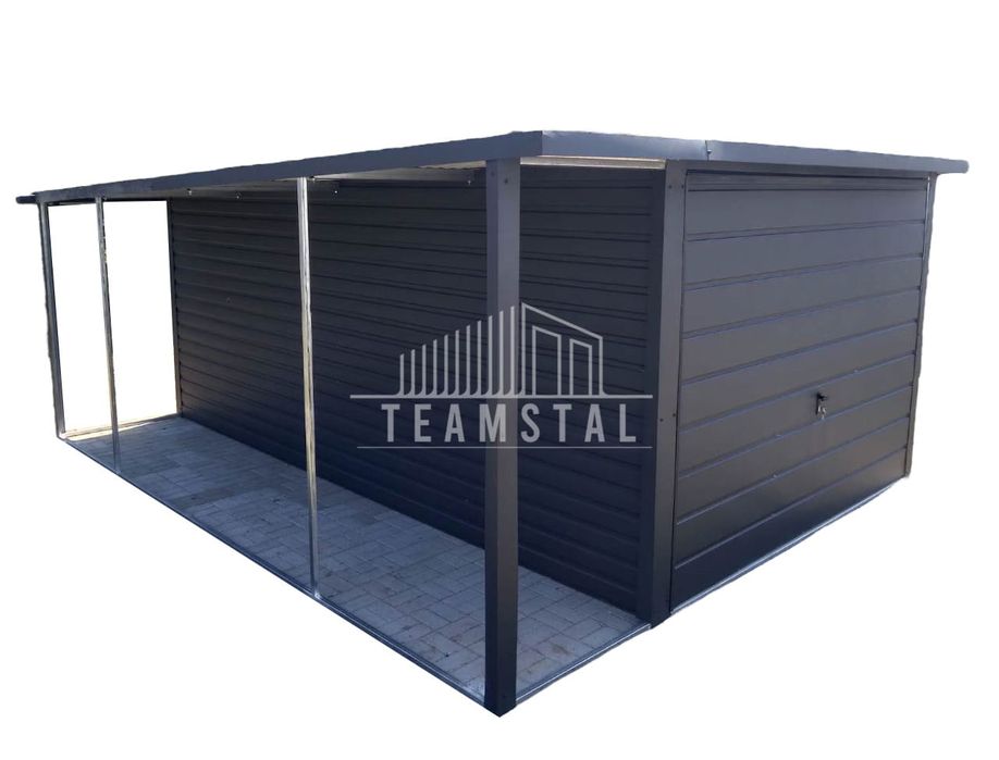 GARAŻ BLASZANY 3m x 5m wiata spad tył - Brama antracyt TS489 3x5