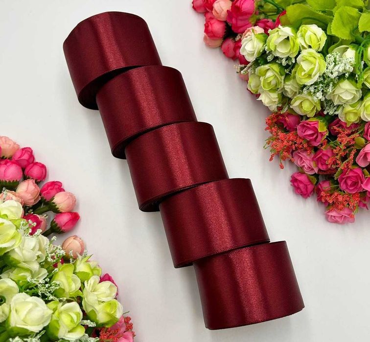 Атласна стрічка - 5 см x 23 м (5 рулонів) / Бордовий Лента атласная