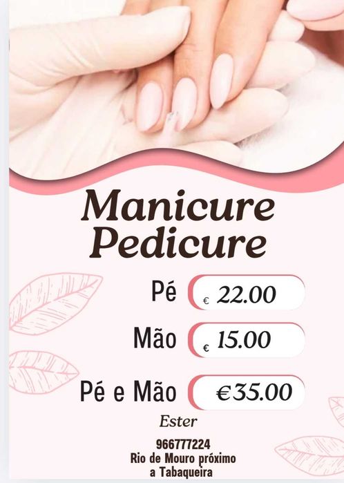 Manicure e pedicure, cutilagem funda e esmaltação comum.
