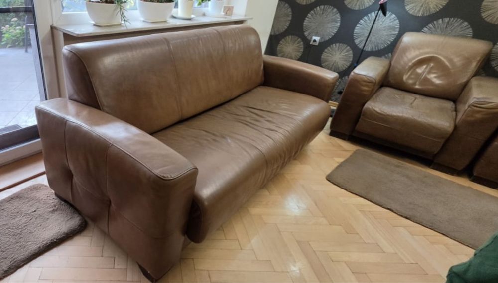 Kanapa skórzana + 2 fotele – komplet wypoczynkowy