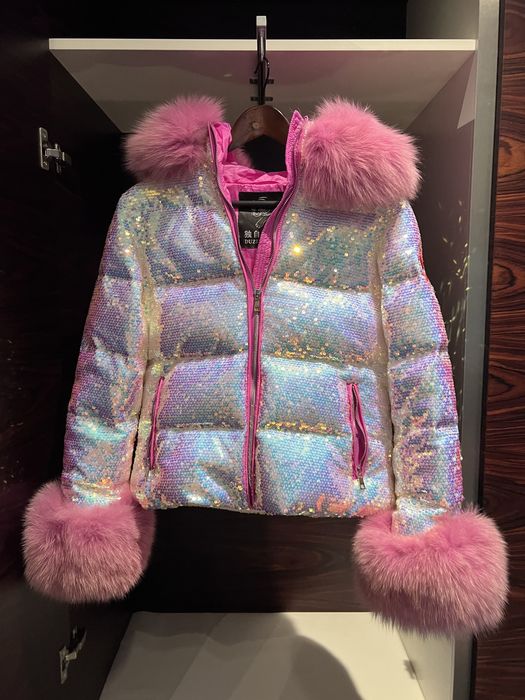 Piękna kurtka jak flo clo 100 % puch naturalny zimowa cekiny lis