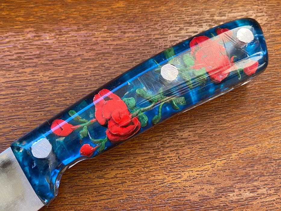 Stary Nóż Kuchenny PRL Zatopiona Róża Ręcznie Robiony