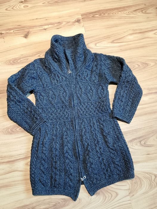 Granatowy Damski Wełniany Długi Płaszcz Kardigan Aran Sweater Market 100% Merino Wool