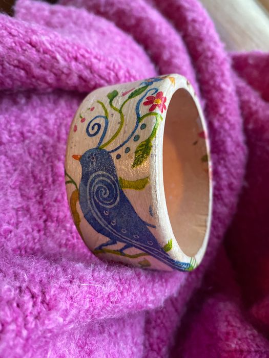 Drewniana bransoletka handmade decoupage ptaki ptaszki kwiaty floral