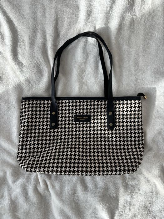 Torebka na ramię shopper czarno biała w pepitkę eko skóra stan idealny