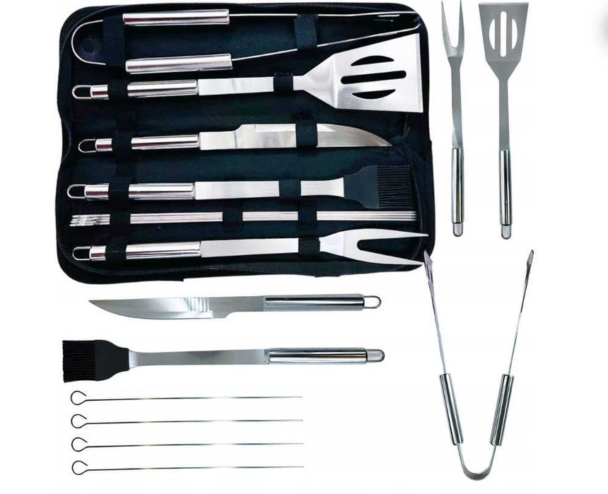 AKCESORIA Przybory DO GRILLA Sztućce Zestaw Grillowy 9W1 Etui BBQ STALOWE Nowe