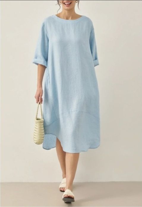 100% лён! трендовое итальянское голубое льняное миди платье Vera Tucci