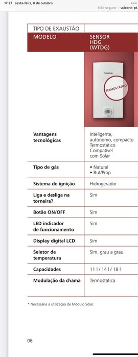 Esquentadores vulcano inteligente 11 litros e 12 litros